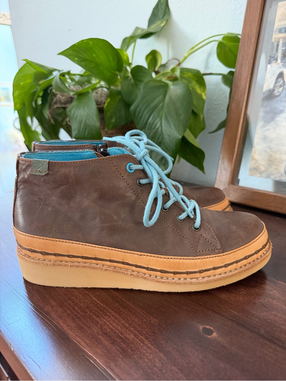 unique Landrover Brown Leather Platform High-Top Sneakers with Turquoise Laces